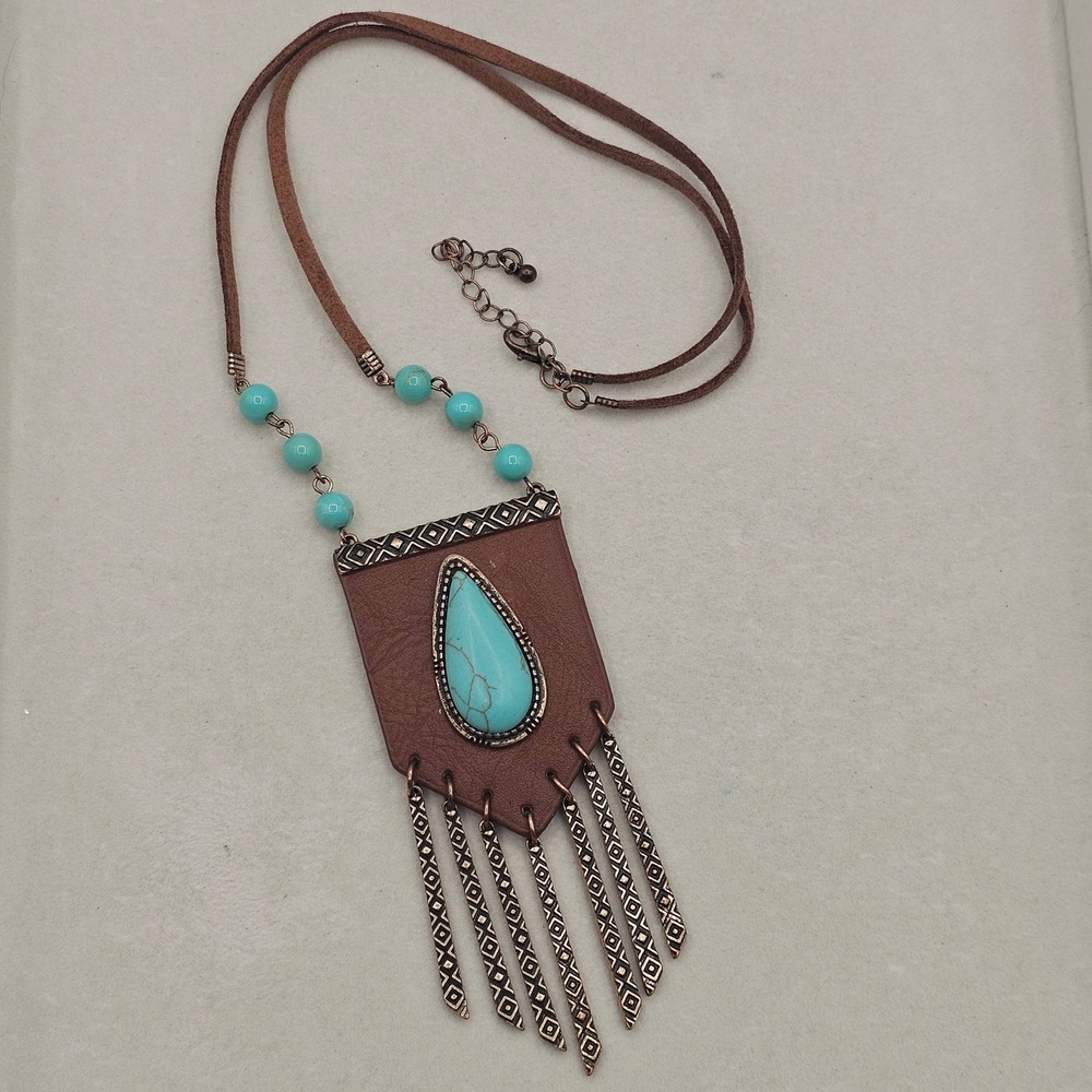 Brown Leather Blue Stone Pendant Necklace Metal Fringe Boho Tribal Southwest - Picture 11 of 13